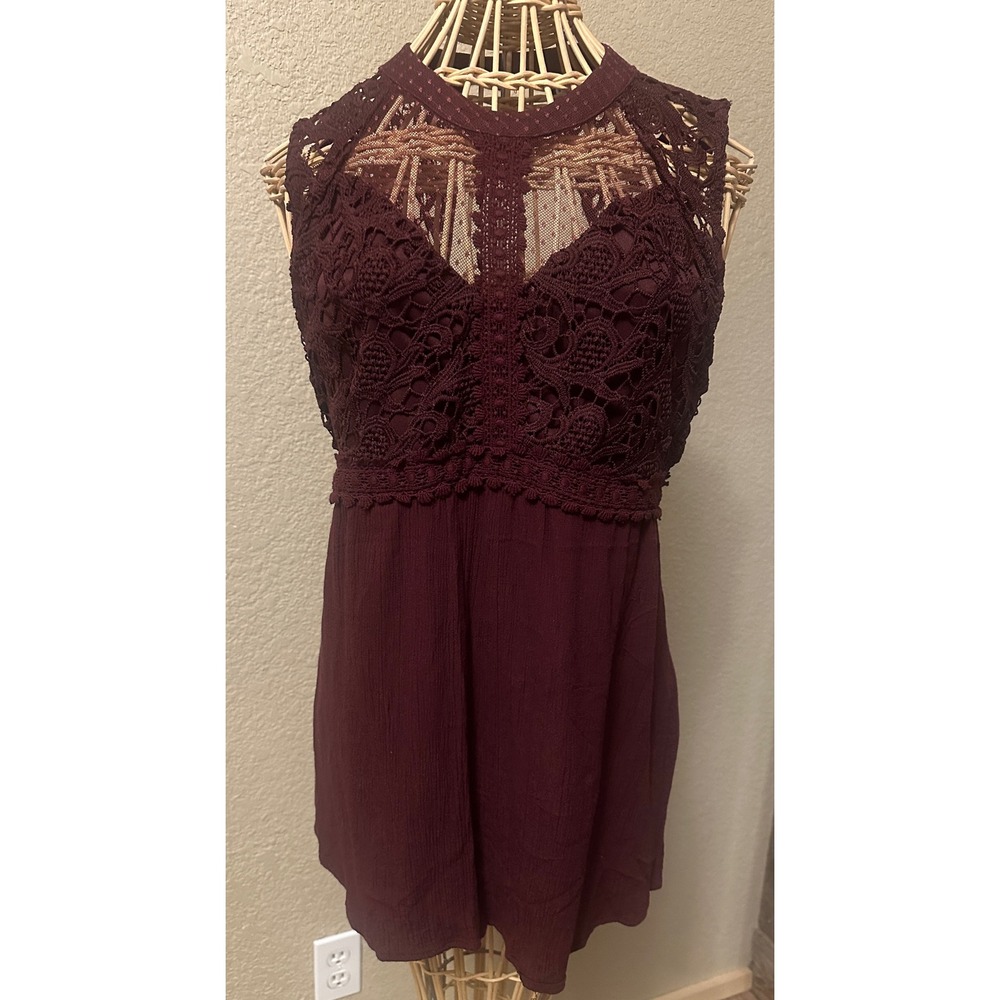 Maurices Womens S Crochet Lace Mesh Sleeveless Top Wine Red Dark Feminine